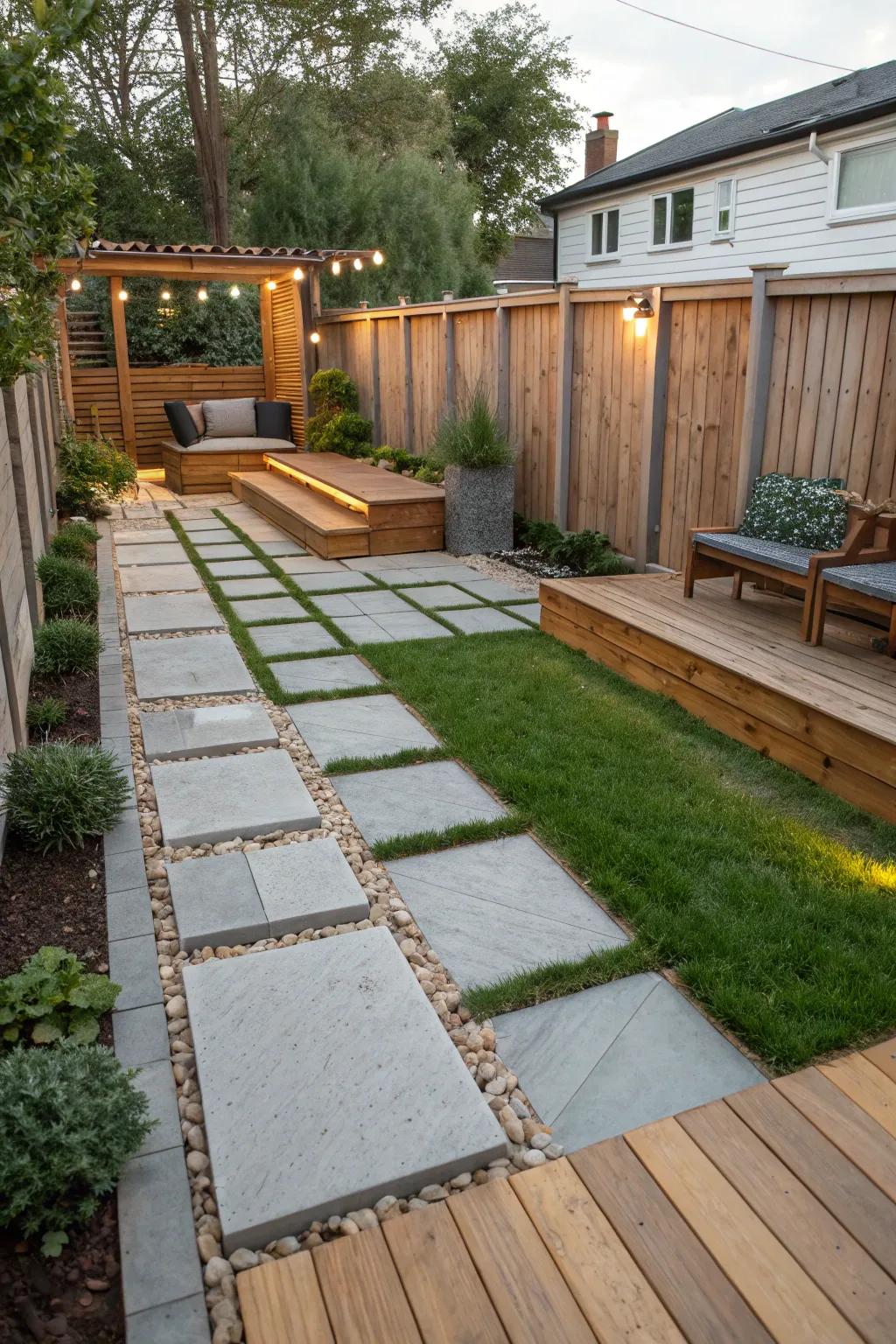 Mixing materials creates a dynamic and textured backyard environment.
