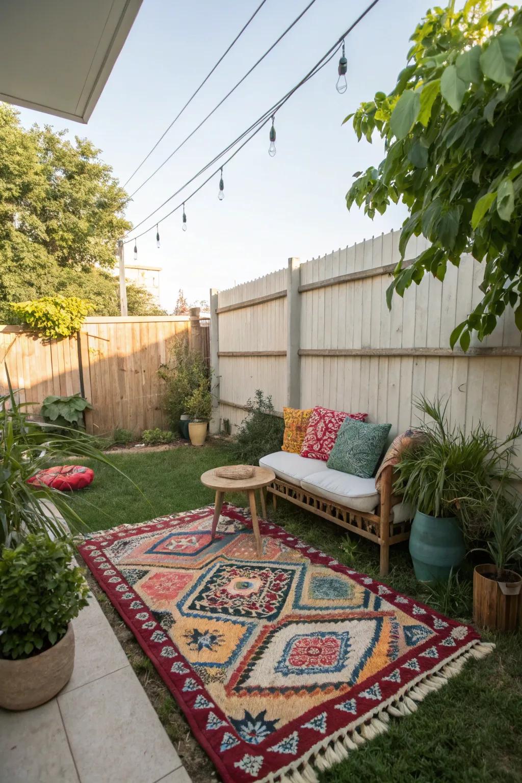 Outdoor rugs bring color and comfort, defining spaces beautifully.