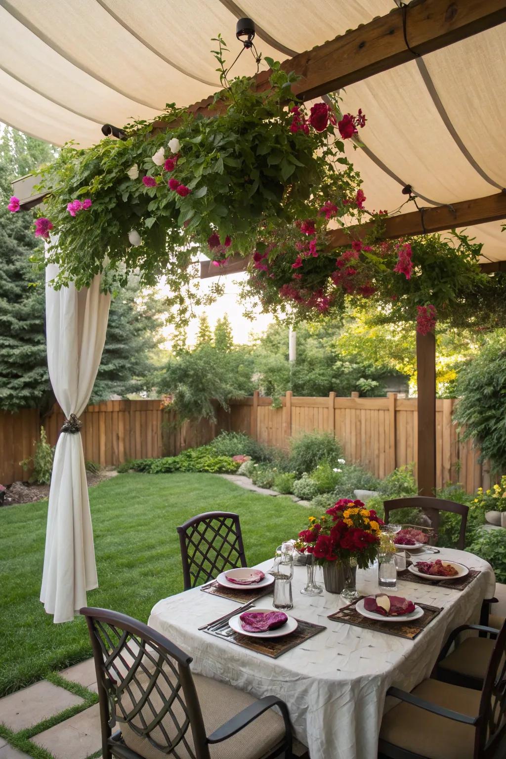 A floral canopy creates a dreamy, enchanting atmosphere.