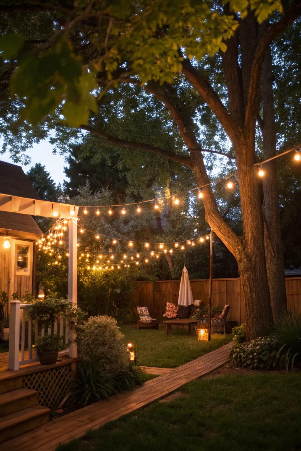 String lights add a touch of magic to any backyard engagement party.