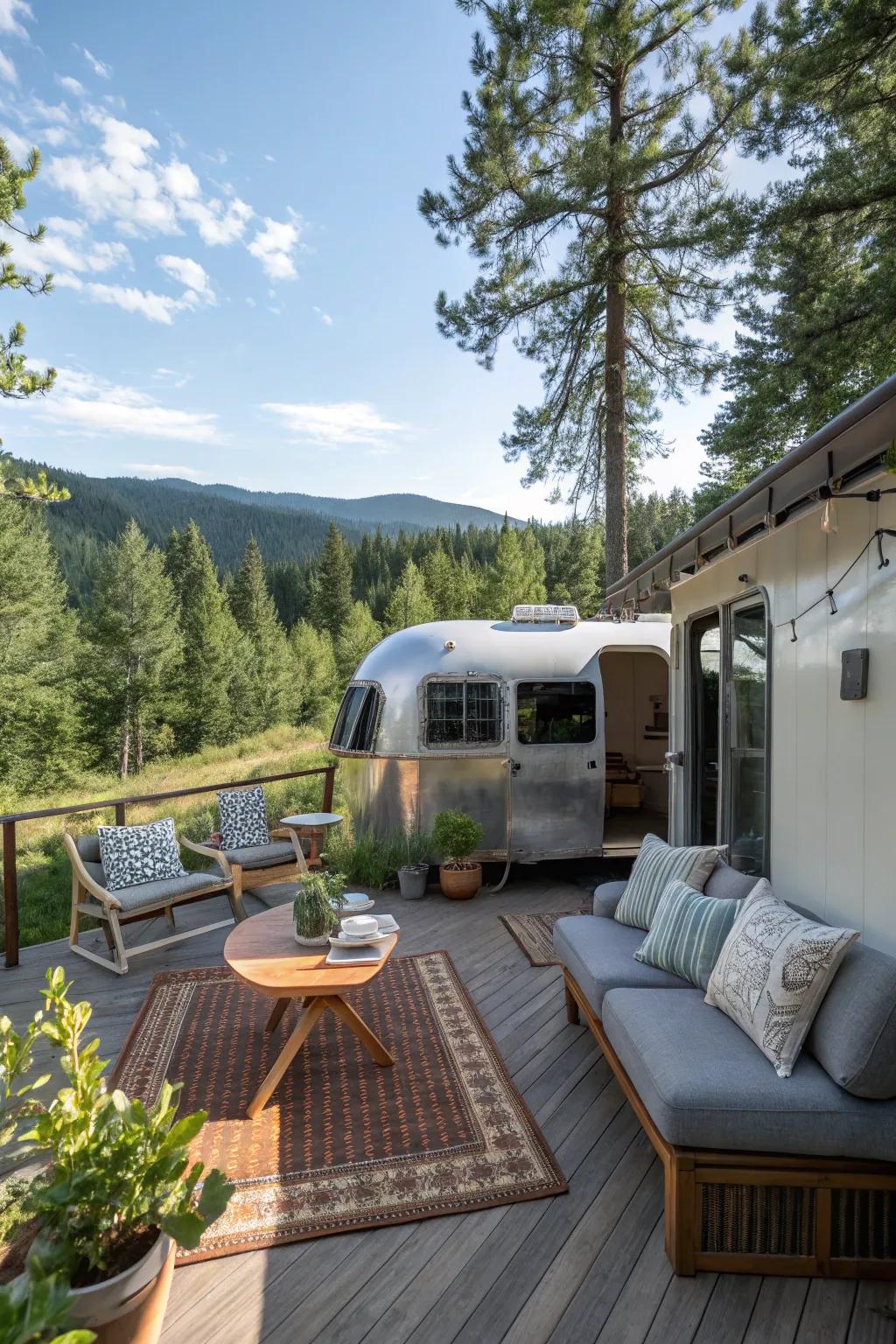 Airstream deck transformed into a cozy outdoor living room.