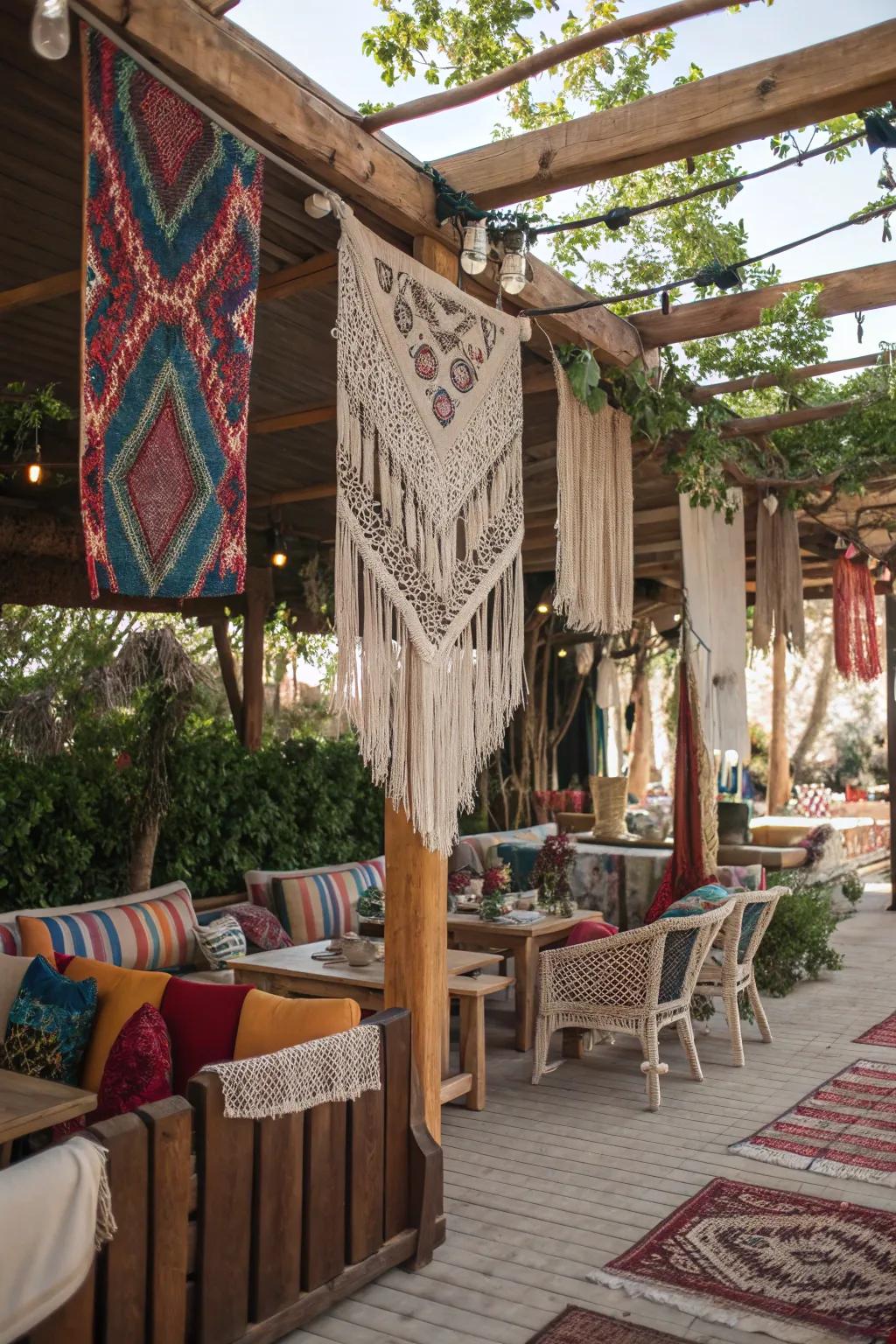 Create bohemian vibes with layered textiles.