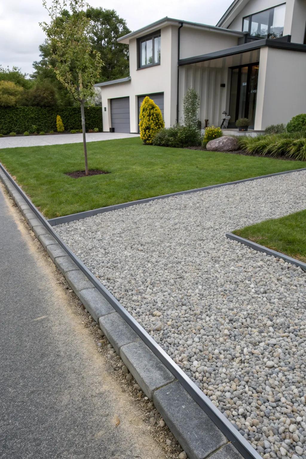 Steel edging adds a modern touch to gravel driveways.