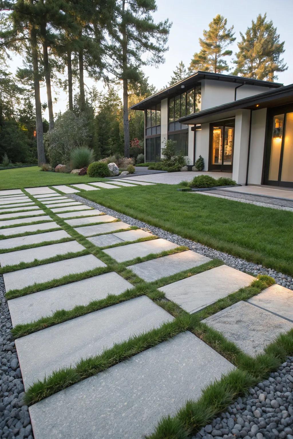 Contrasting materials create a dynamic driveway design.