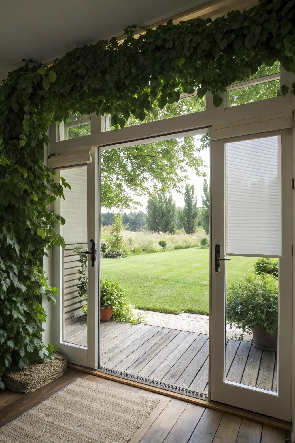 Integrated blinds offer sleek privacy solutions for deck doors.