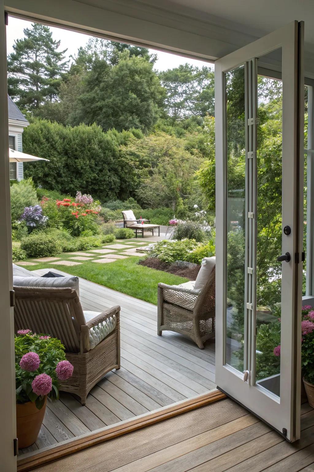 Pocket doors create a seamless flow between indoor and outdoor spaces.