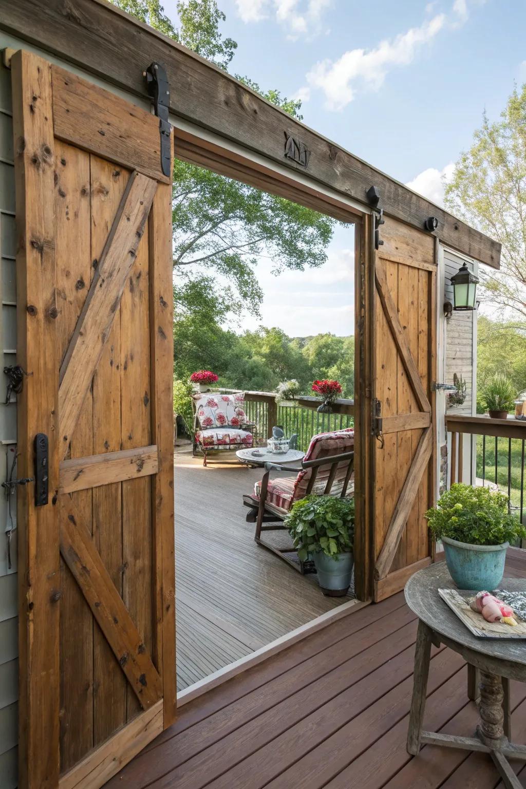 Reclaimed materials give deck doors a vintage, story-filled charm.