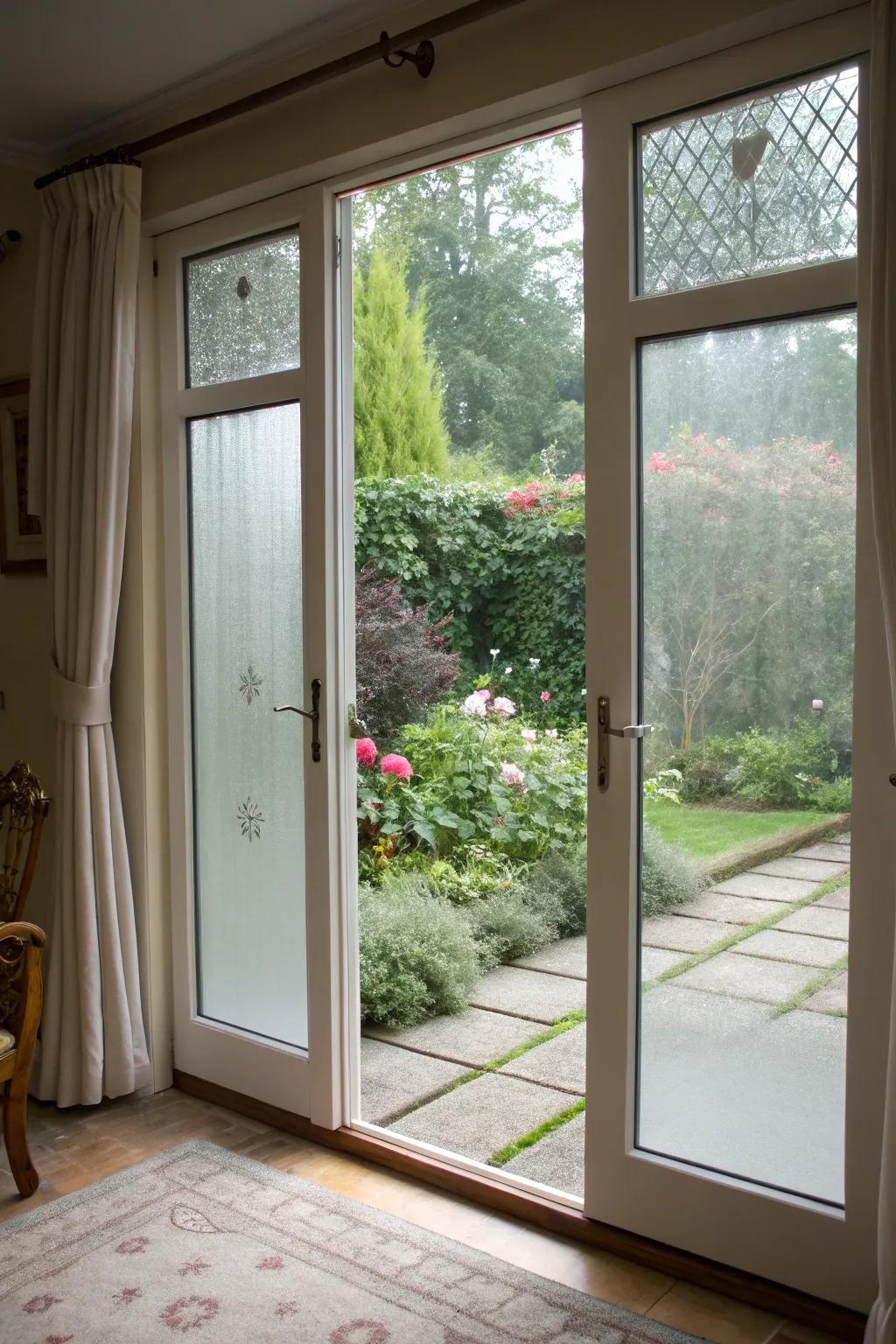 Frosted glass doors offer privacy with a touch of elegance.