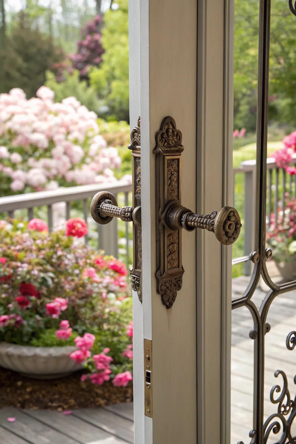 Decorative hardware transforms deck doors into unique design elements.