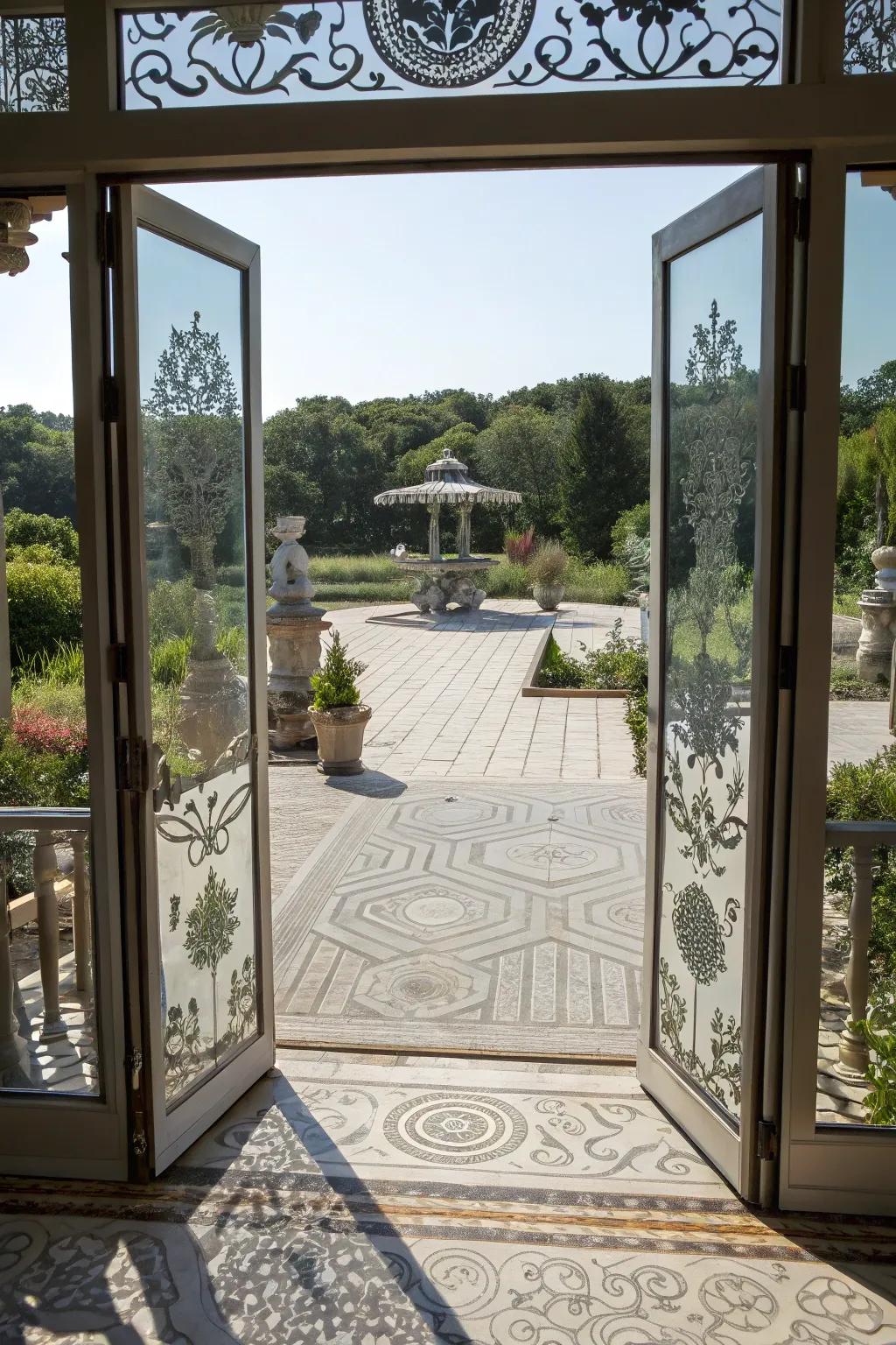 Patterned glass doors add an artistic touch to any deck.