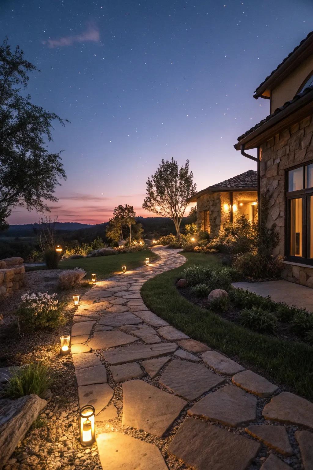 Creative lighting enhances hardscape at night.