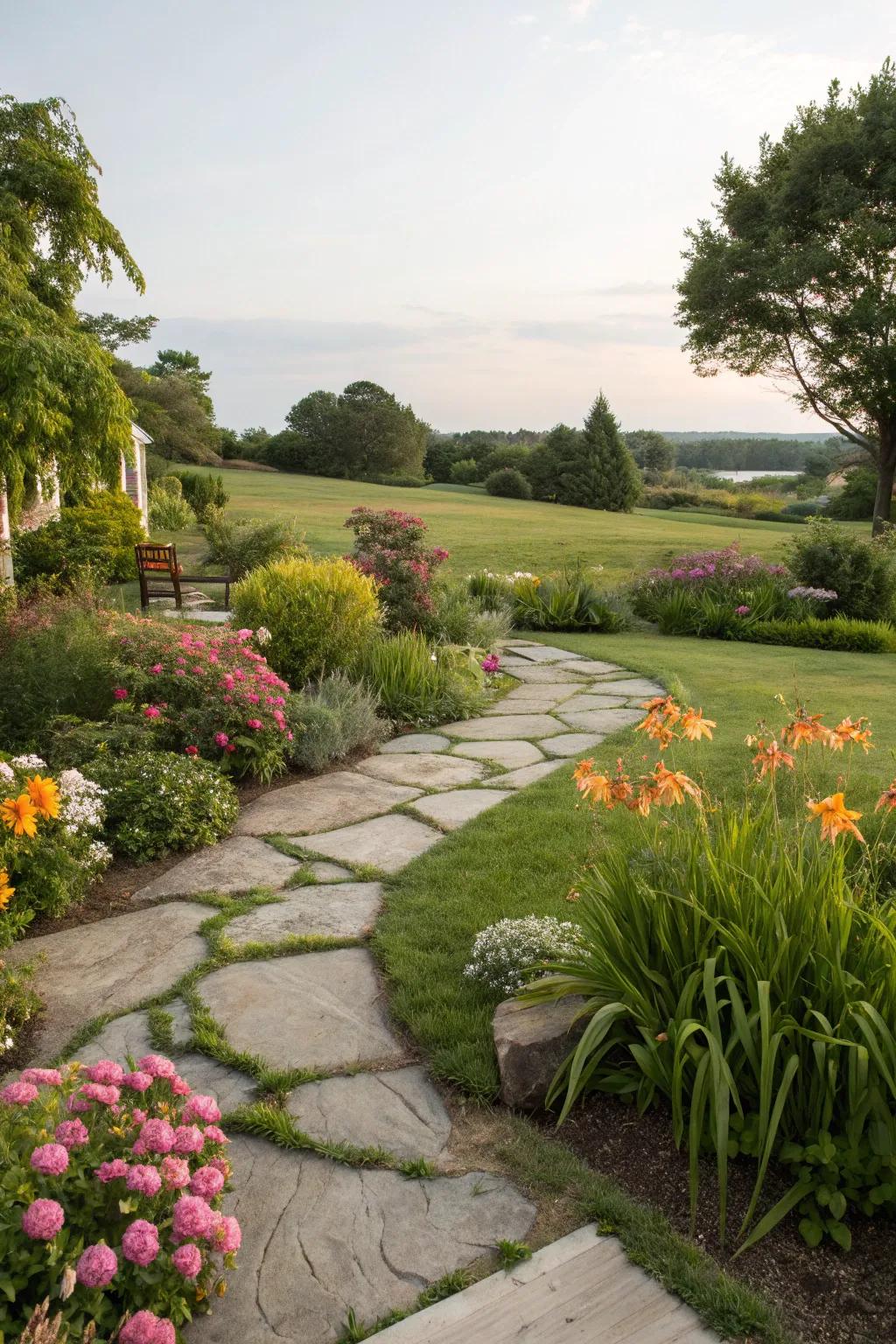 Stone pathways add a rustic charm and guide visitors.
