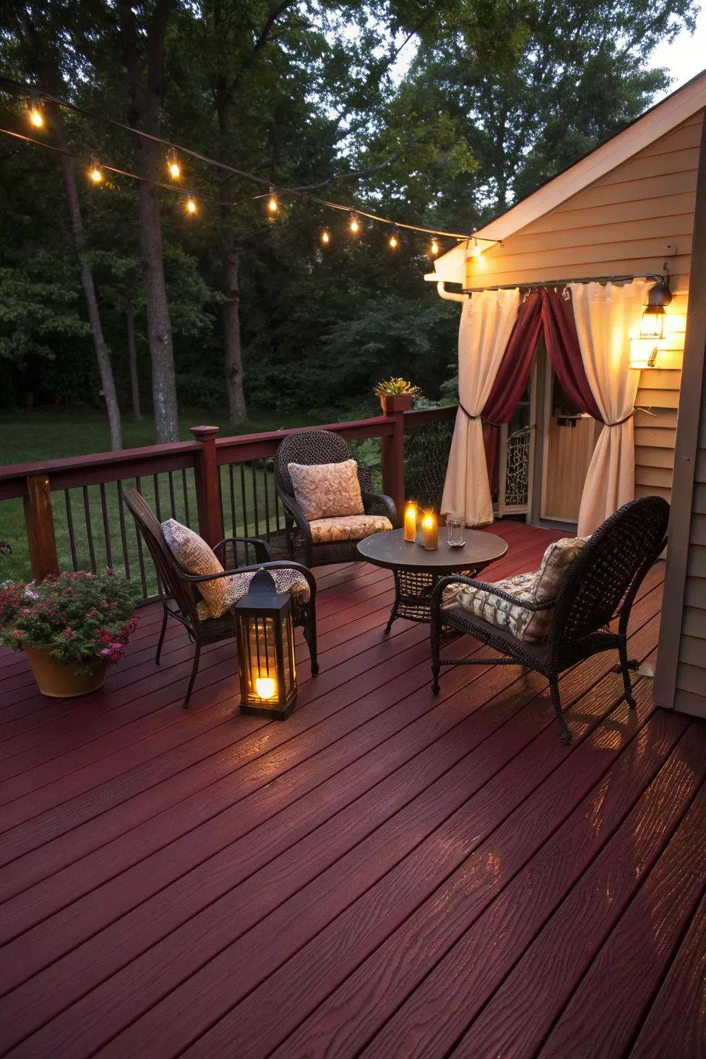 Burgundy stain creates a cozy, inviting atmosphere.