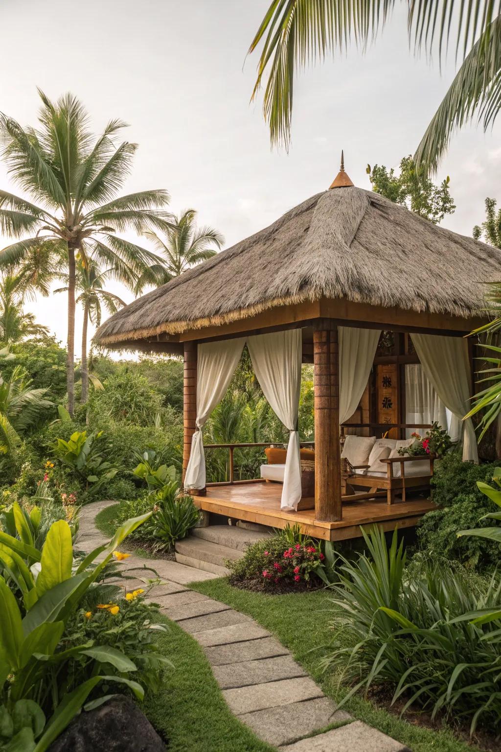 A tropical escape in your own backyard with a thatched-roof cabana.