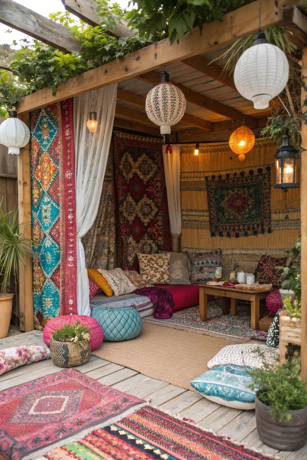 A bohemian getaway filled with vibrant colors and cozy vibes.