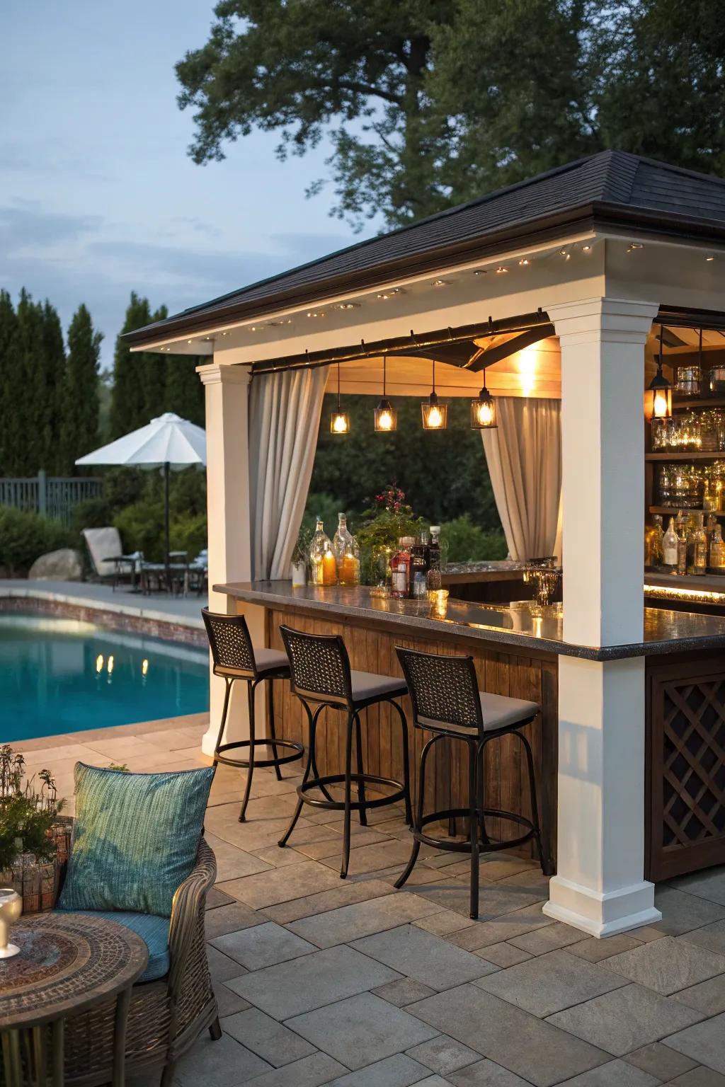 A poolside bar cabana perfect for hosting summer soirées.