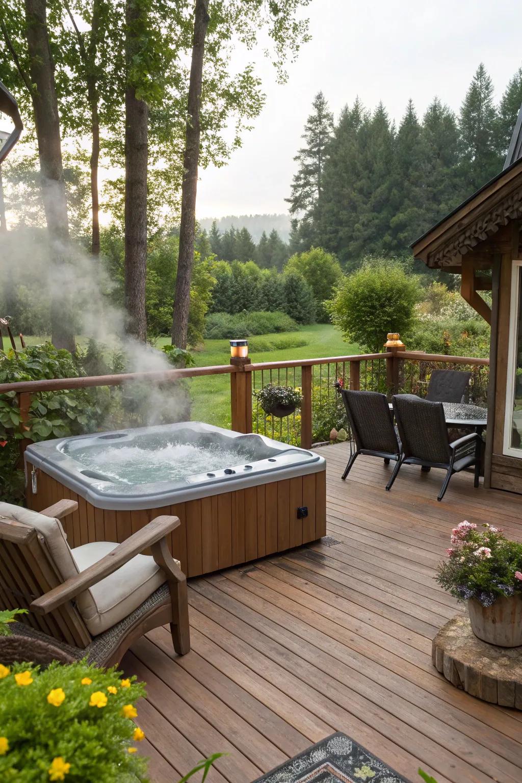 A welcoming deck with a hot tub surrounded by comfortable seating