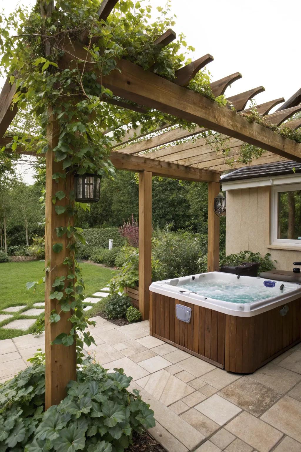 A shaded hot tub under a charming pergola
