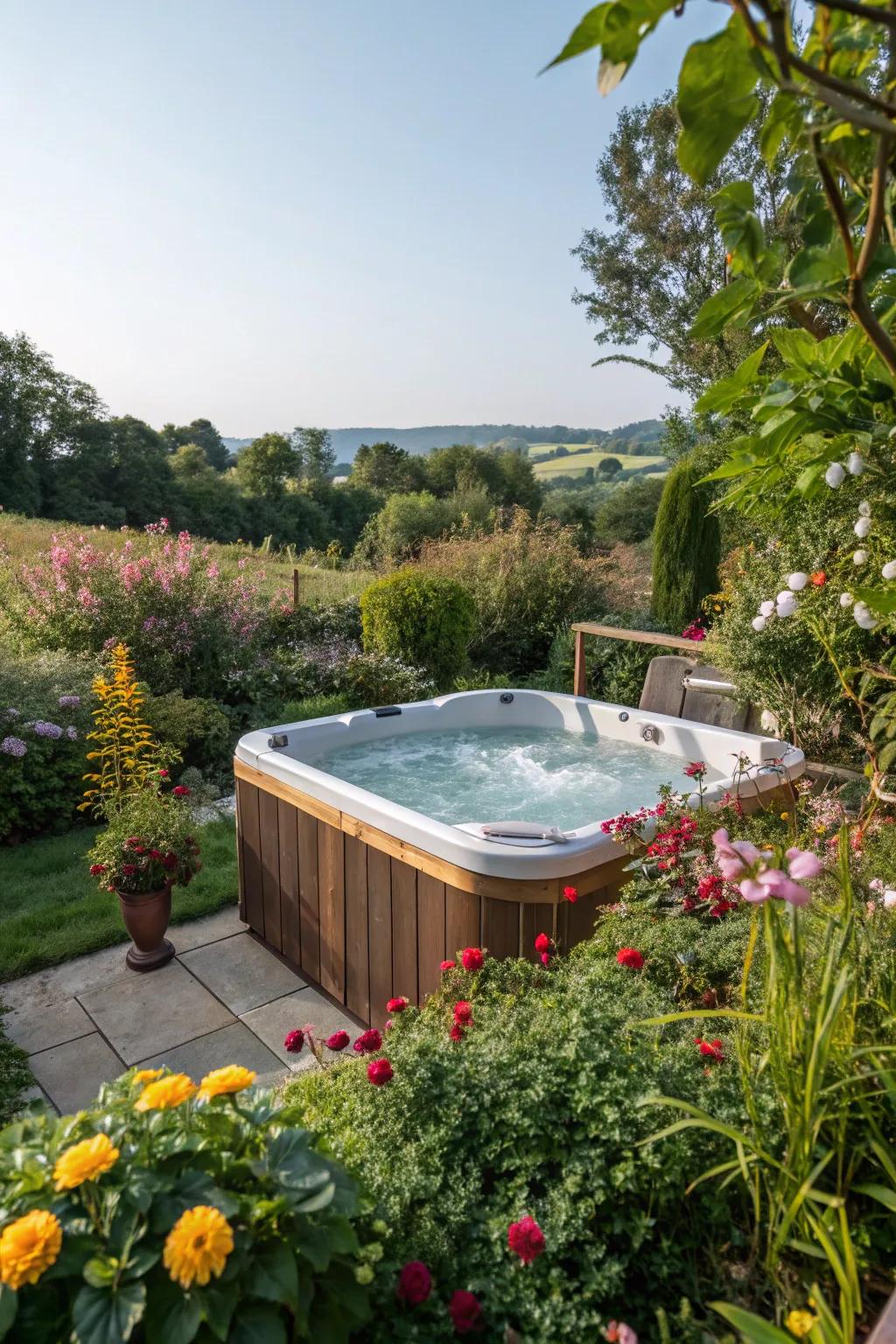 A hot tub surrounded by vibrant garden blooms