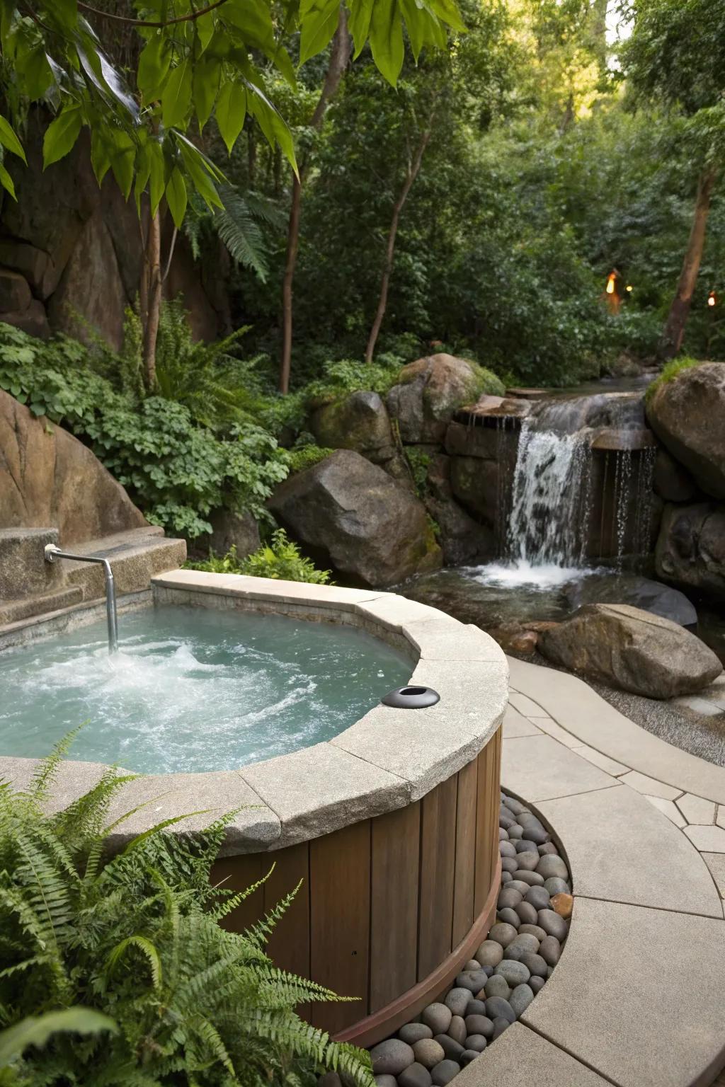 A tranquil hot tub with a cascading waterfall feature