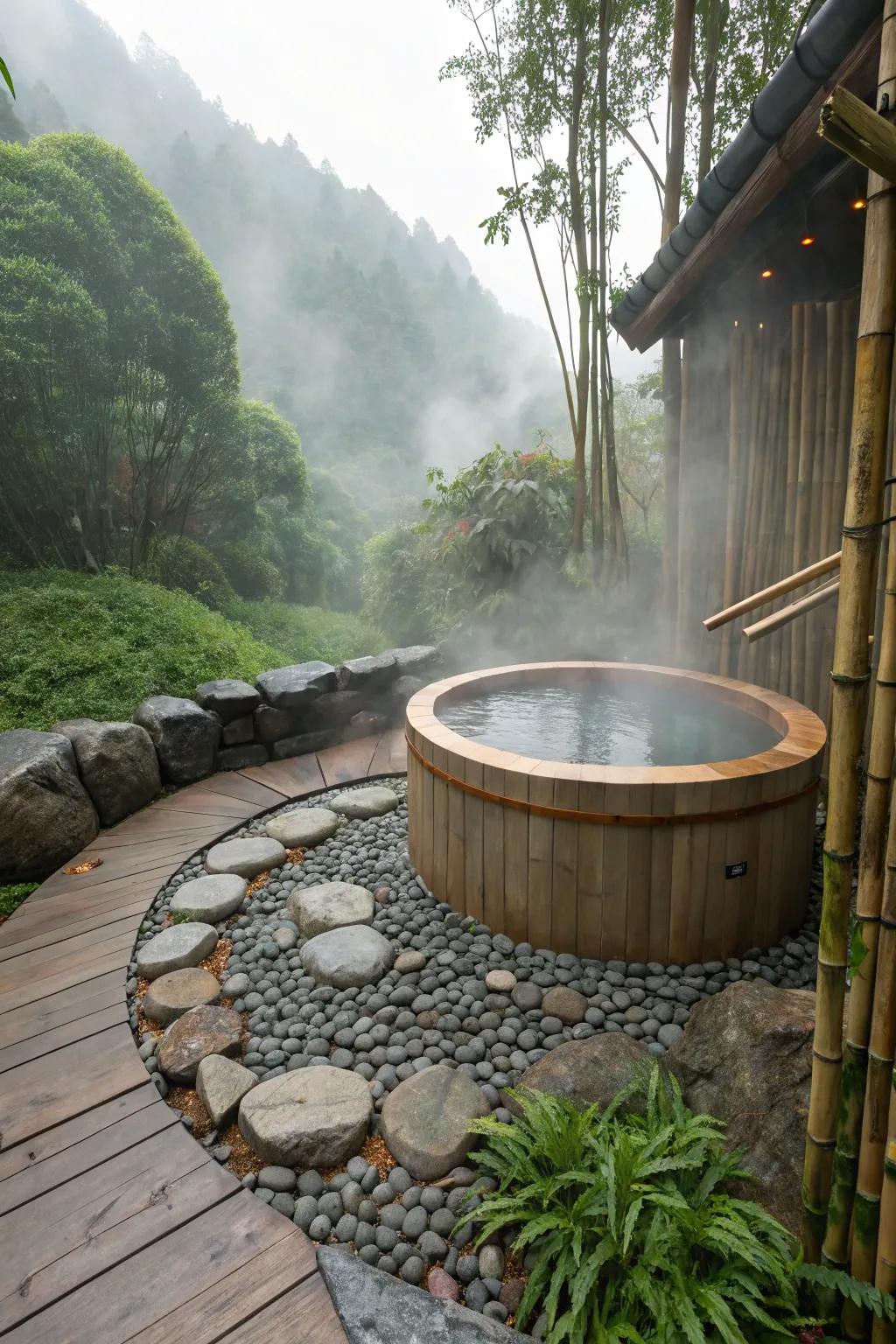A Zen-inspired hot tub with natural stone elements