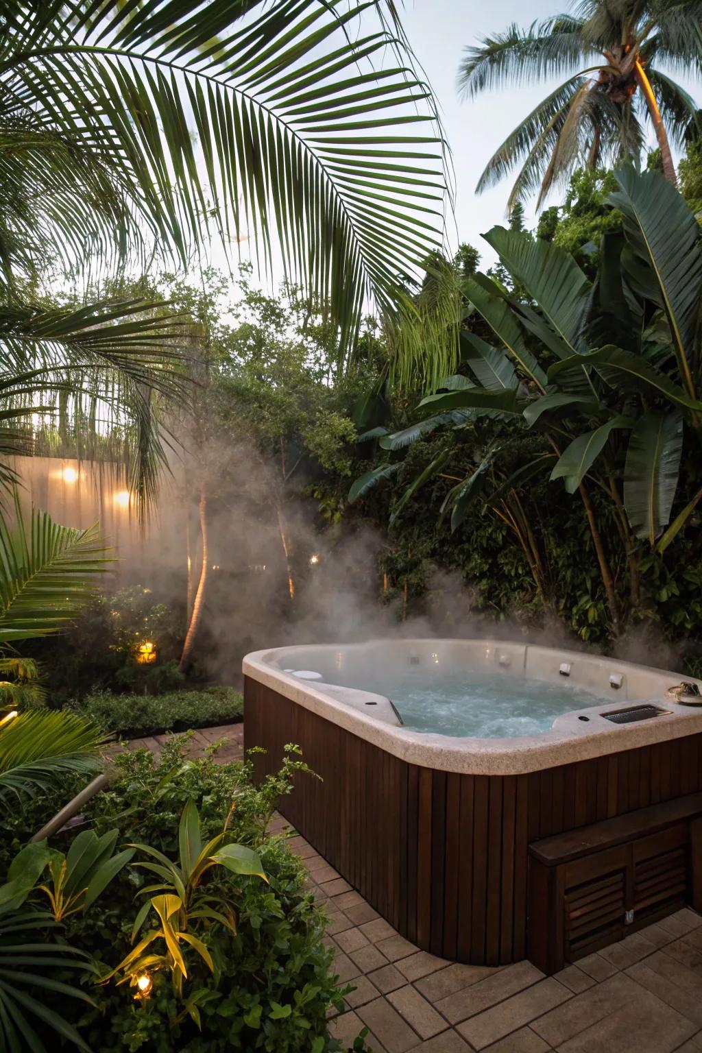 A tropical-inspired hot tub area with lush greenery