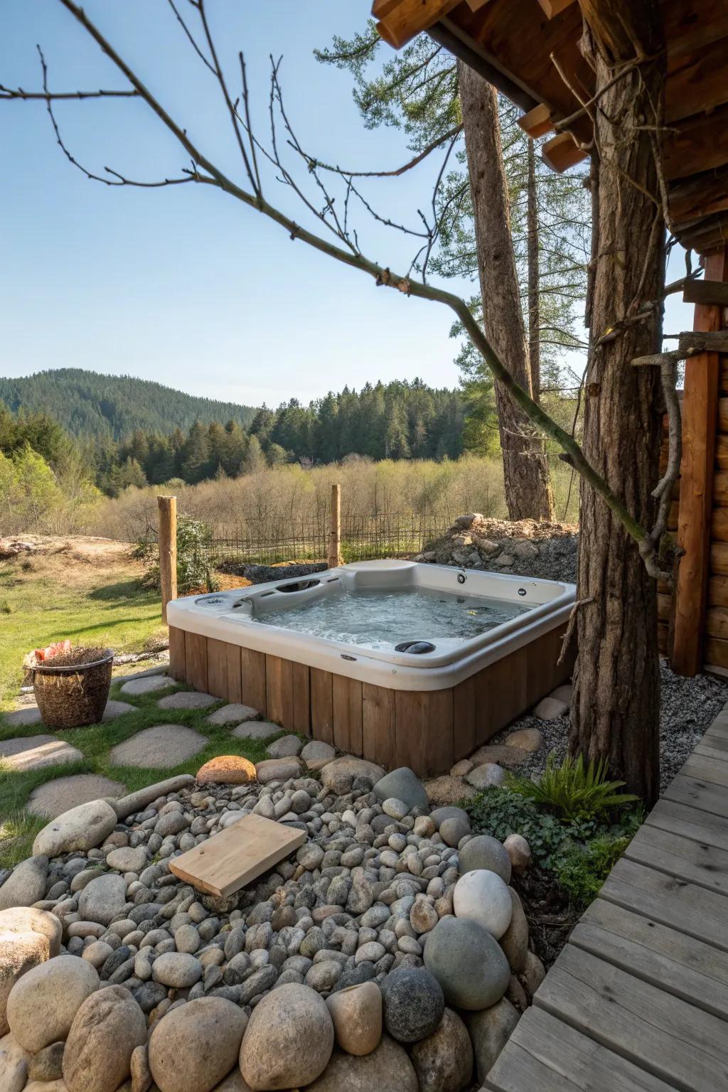 A rustic stone-surrounded hot tub