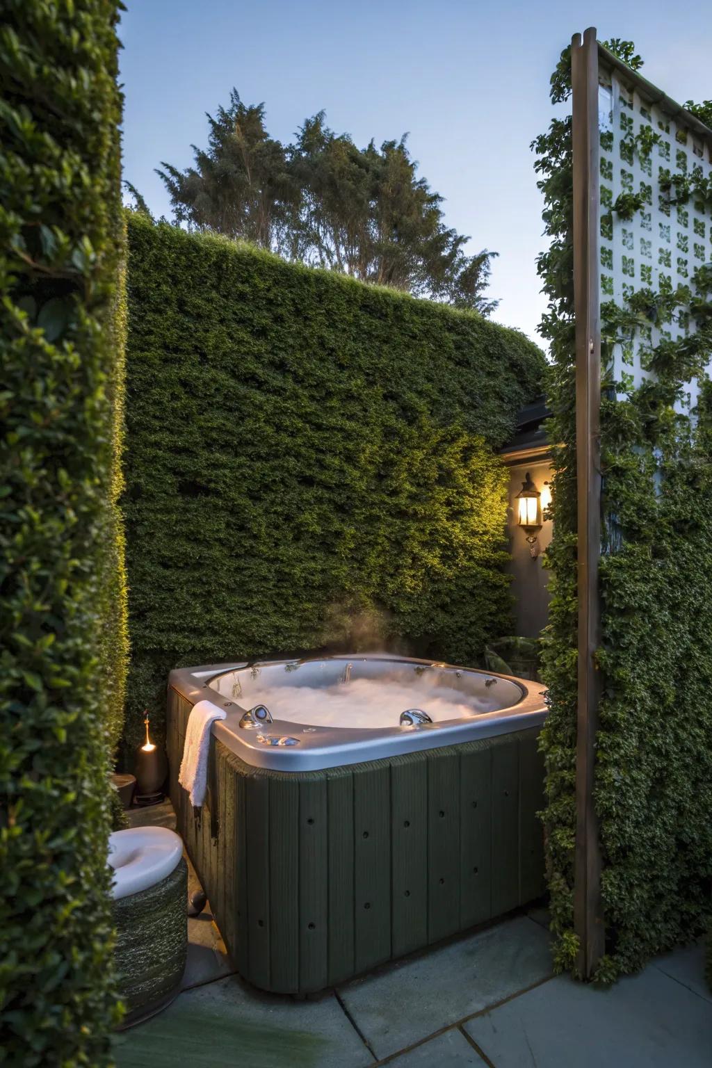 A secluded hot tub area with privacy screens