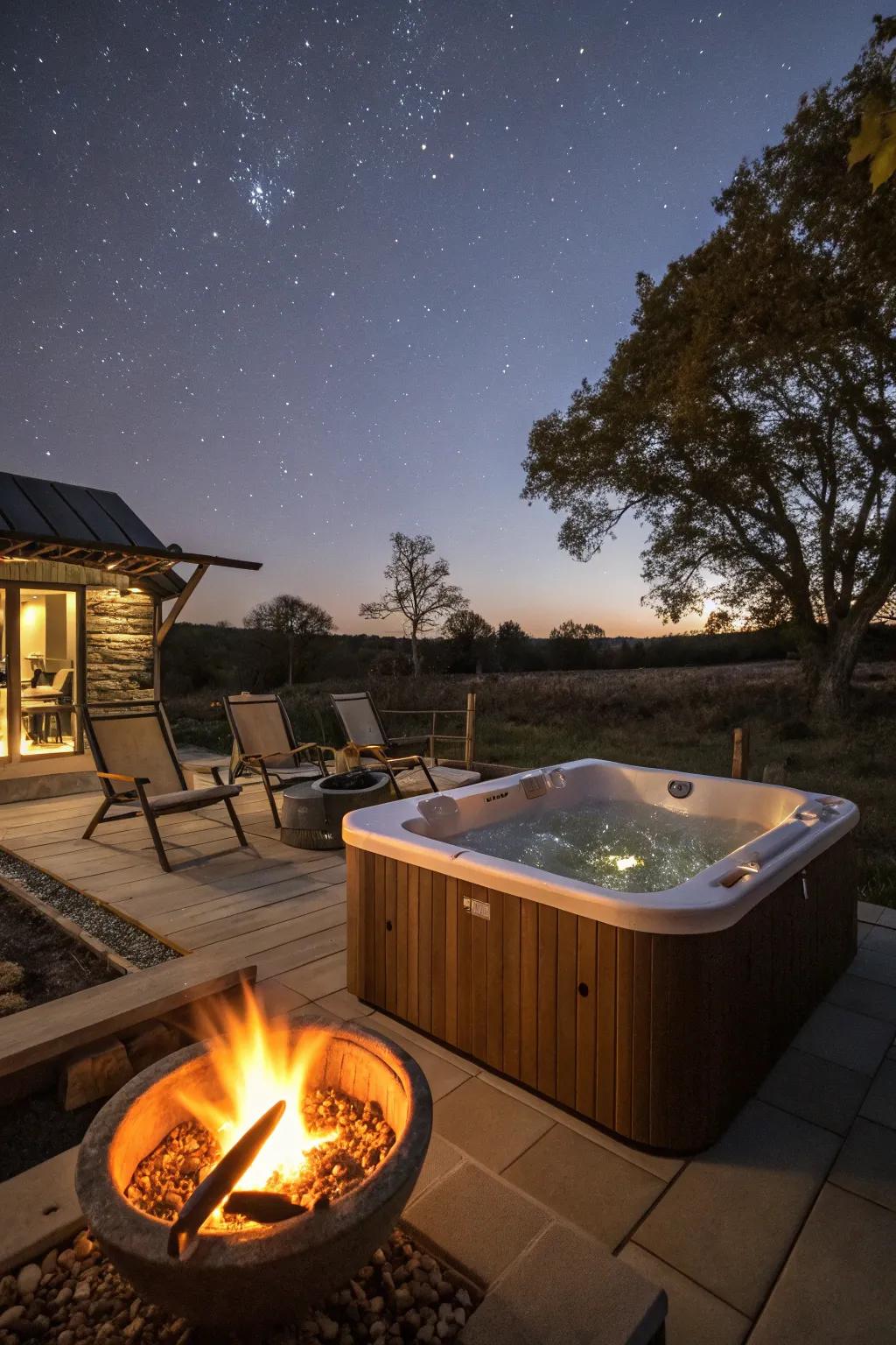 A cozy hot tub next to a crackling fire pit