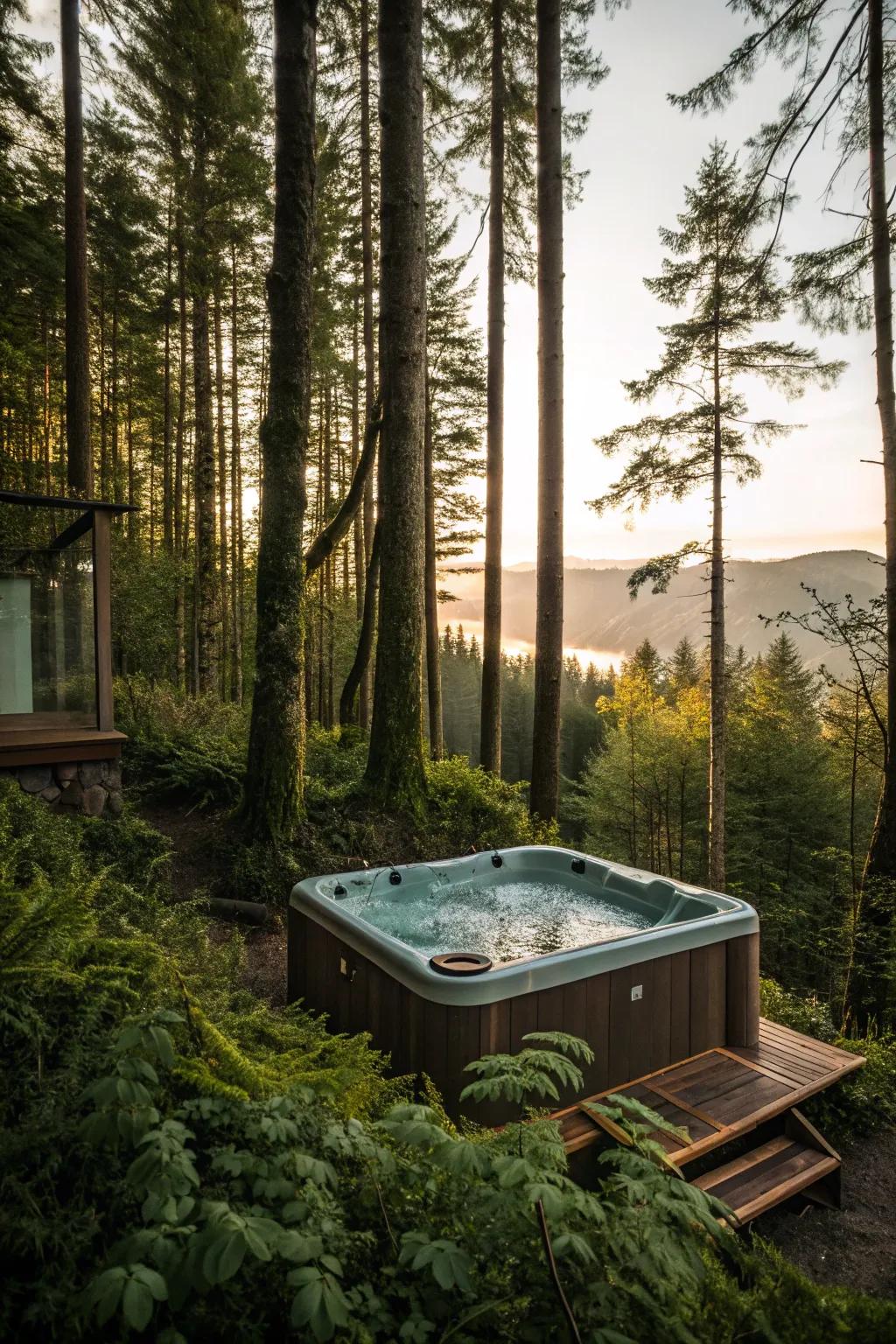 A hot tub nestled among woodland trees
