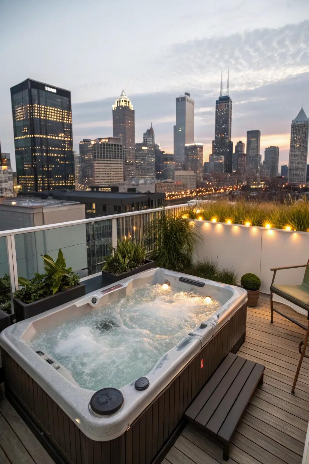 A rooftop hot tub with breathtaking city views