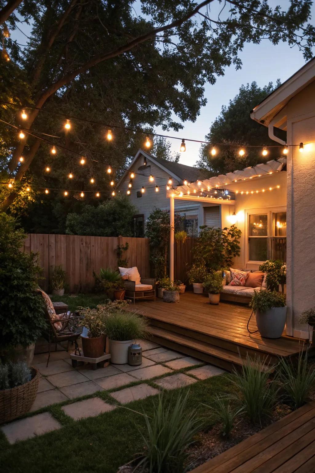 Twinkling lights add a magical touch to your evening garden.