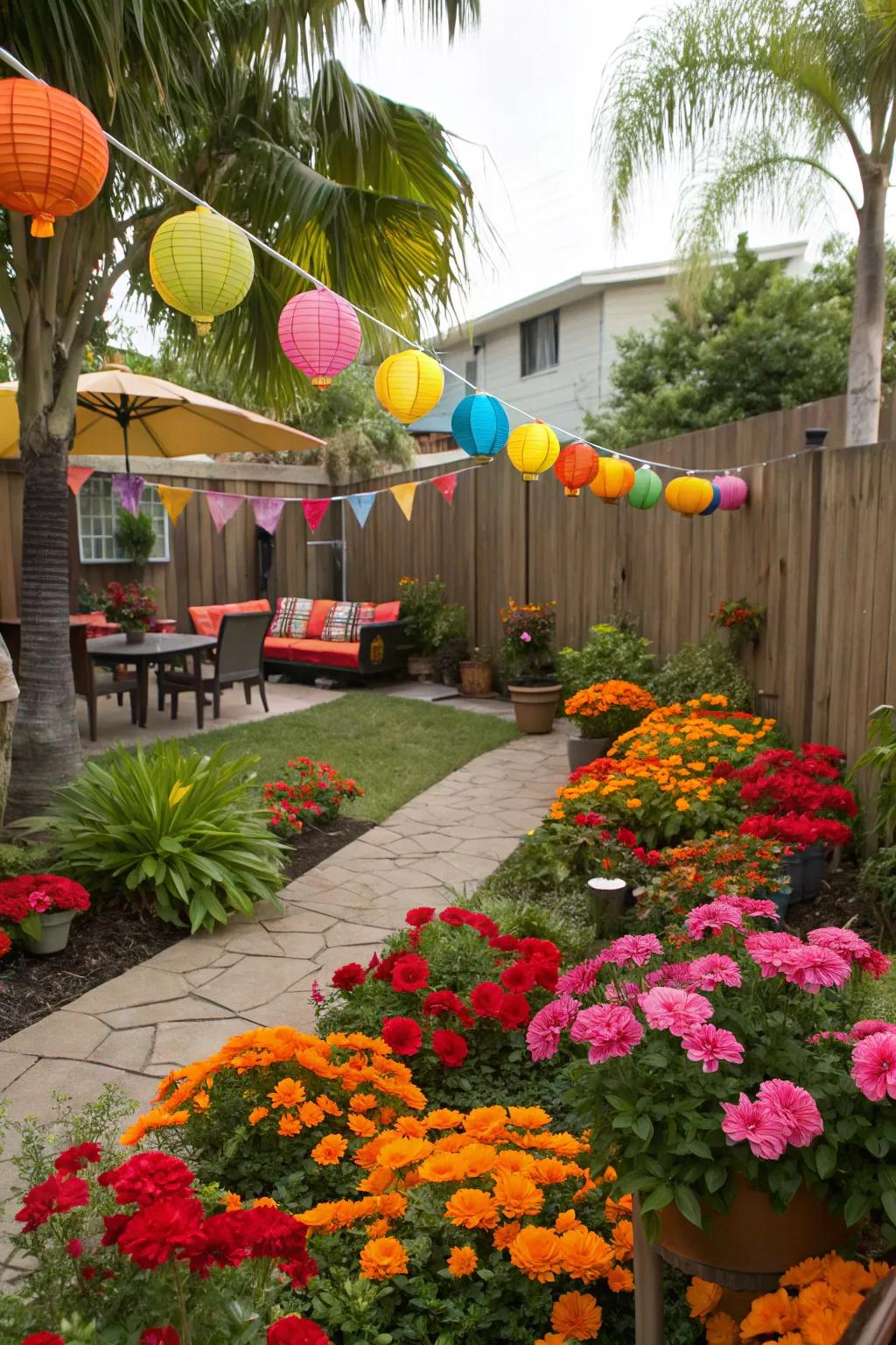 Vivid flowers and decor bring life and color to your Caribbean-inspired backyard.