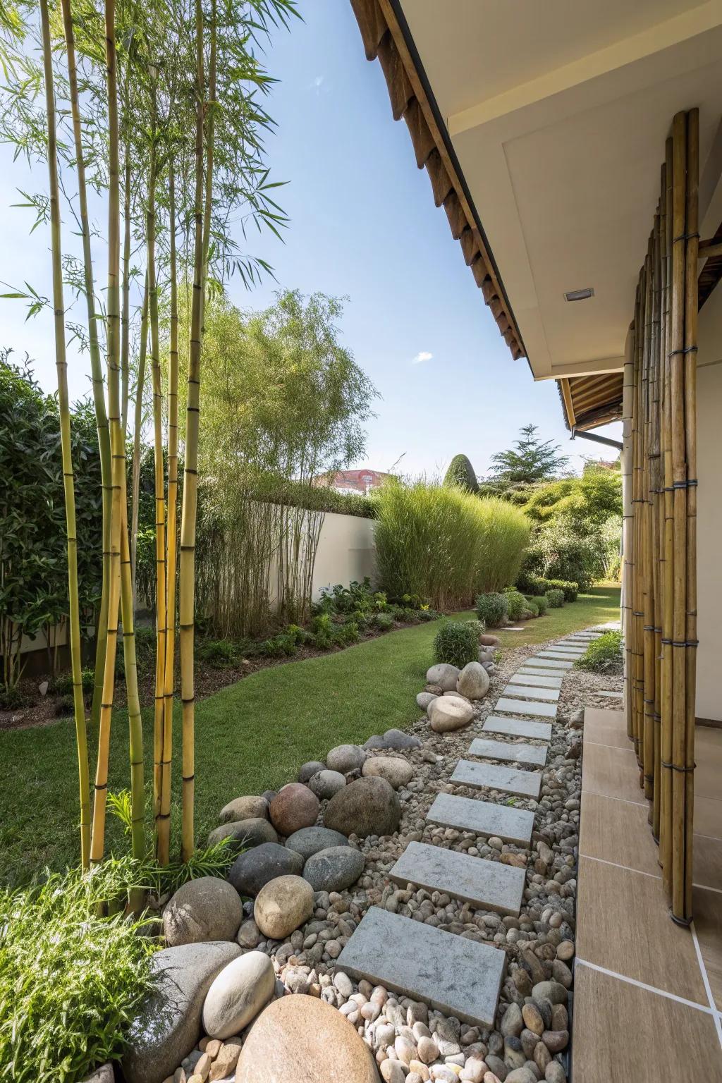 Rustic bamboo and stone elements add an earthy touch to your tropical space.