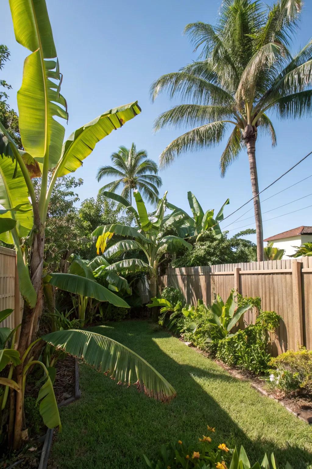 A lush tropical haven with banana plants and palms sets the stage for a Caribbean retreat.