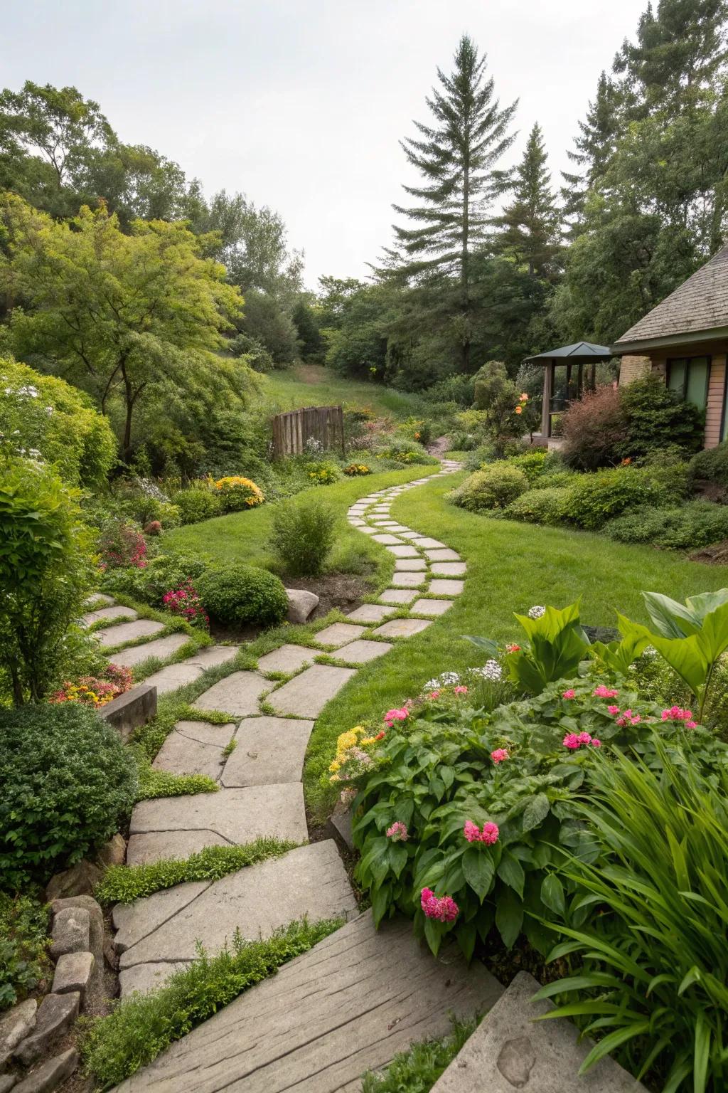 Inviting stone pathways lead through your tropical garden.