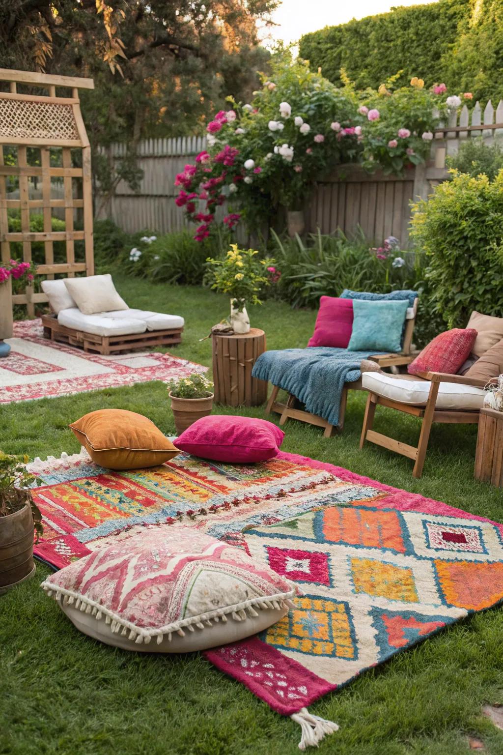 Colorful rugs define and warm up your outdoor spaces.