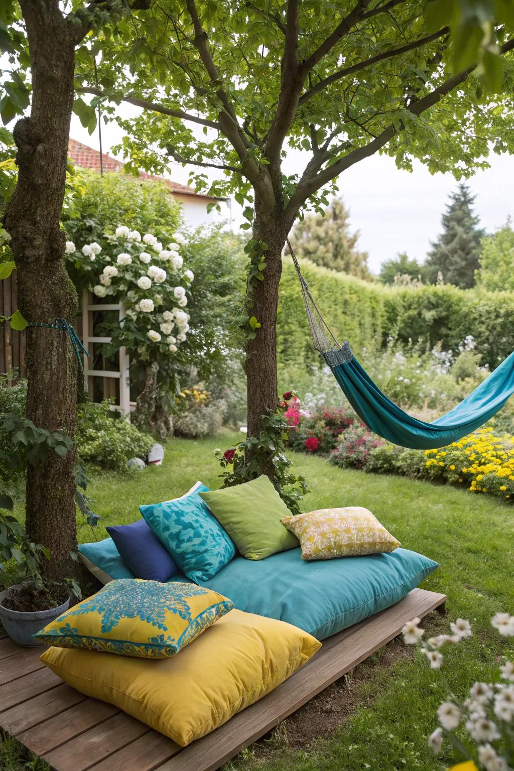 A cozy lounge corner with vibrant cushions perfect for relaxation.