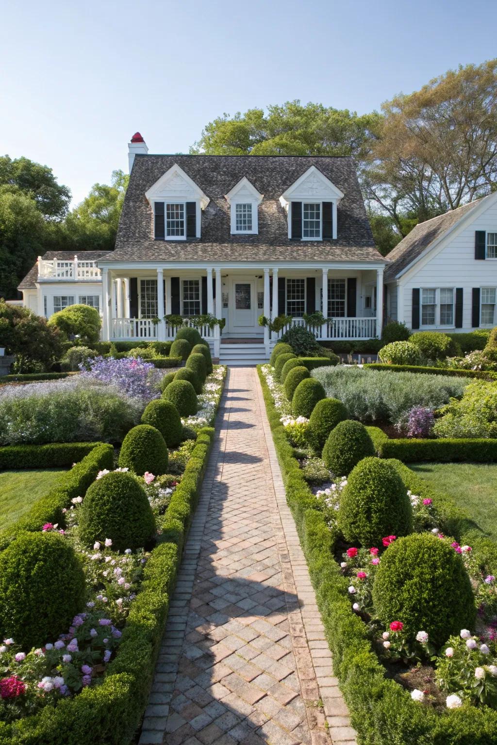 Symmetrical landscaping that enhances the Cape Cod home's balanced aesthetic.