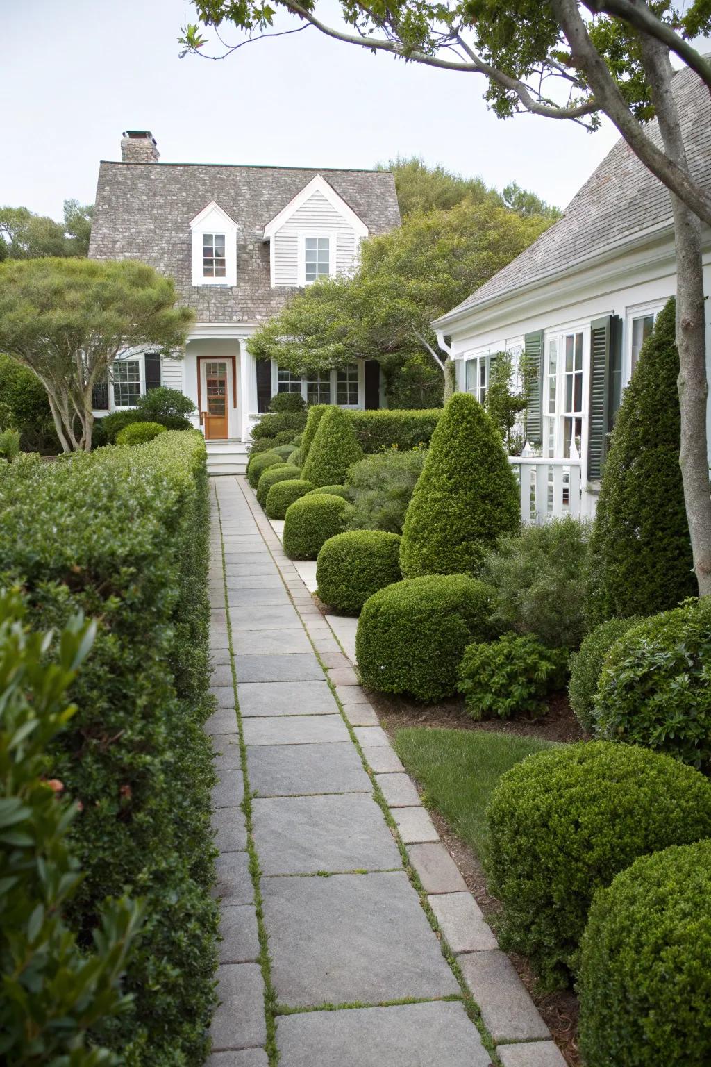 Elegantly trimmed shrubs framing the pathway of a Cape Cod home.