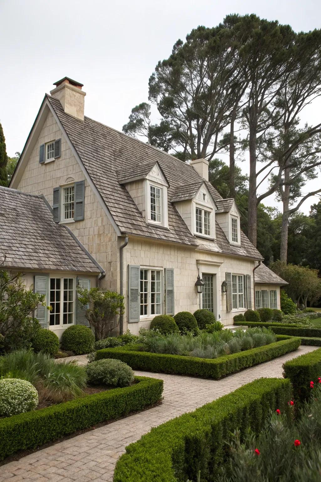 Traditional architecture of a Cape Cod home complemented by a harmonious landscape.