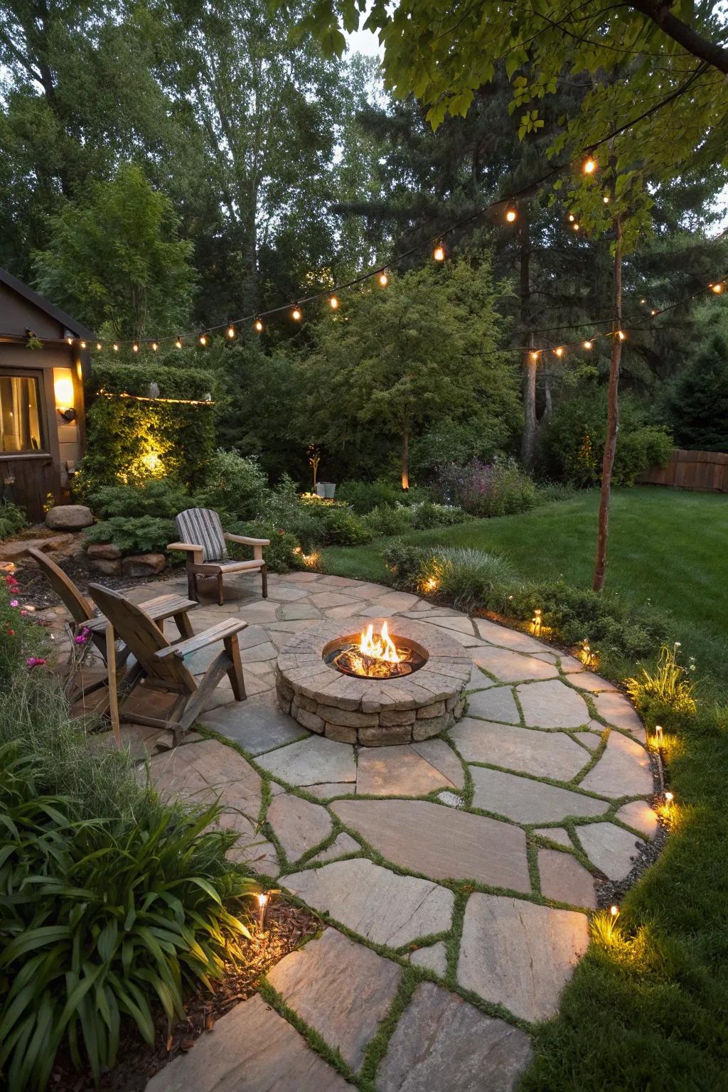 A timeless flagstone patio with a central fire pit.