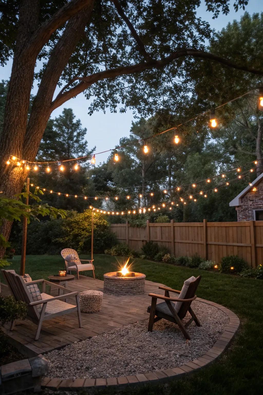 A magical fire pit area adorned with a string light canopy.