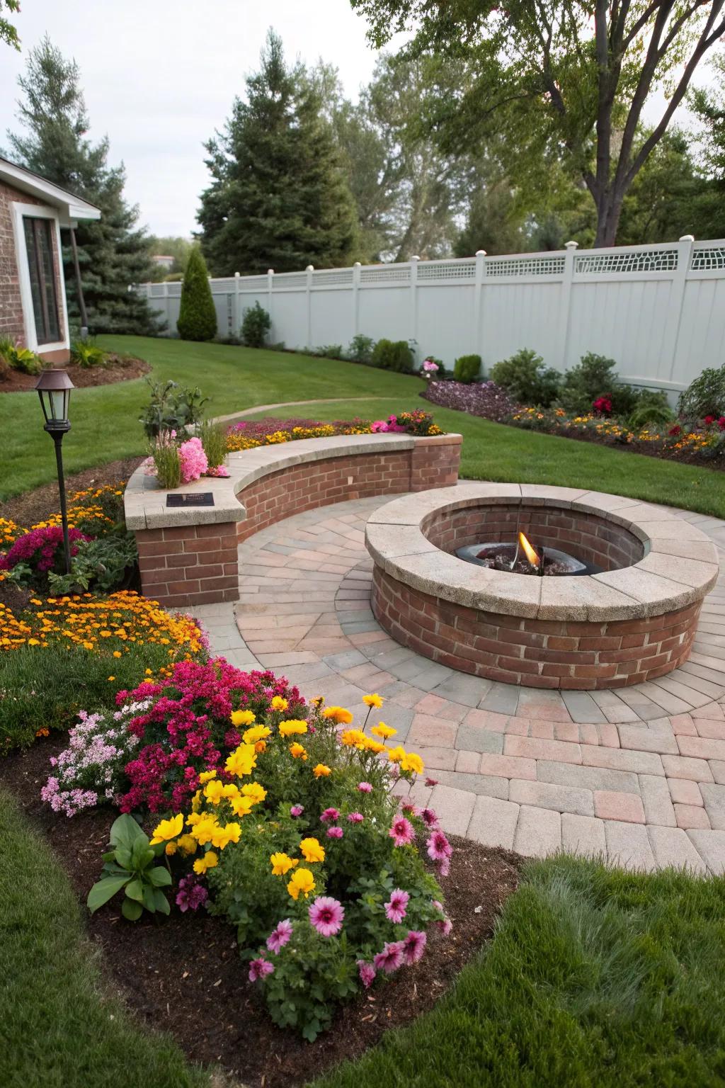 A classic circular brick fire pit with inviting seating.