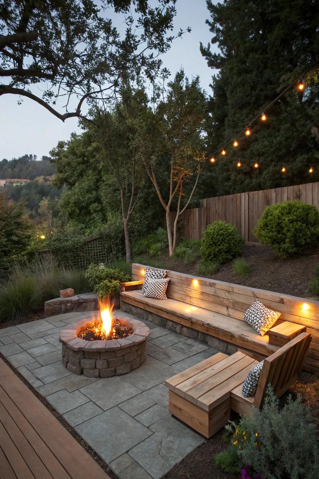 Efficient built-in bench seating around a cozy fire pit.