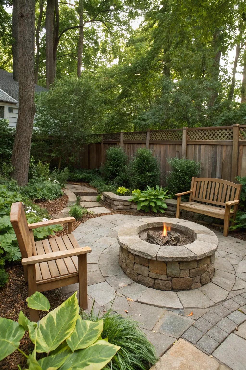 A rustic stone fire pit nestled in a cozy backyard corner.
