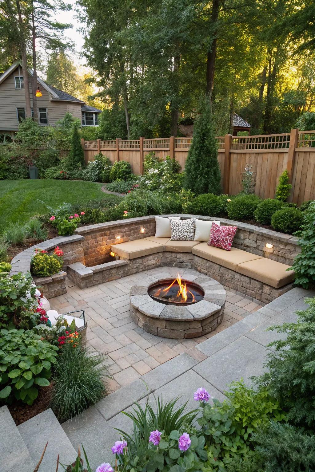 A unique sunken fire pit providing a sheltered gathering space.