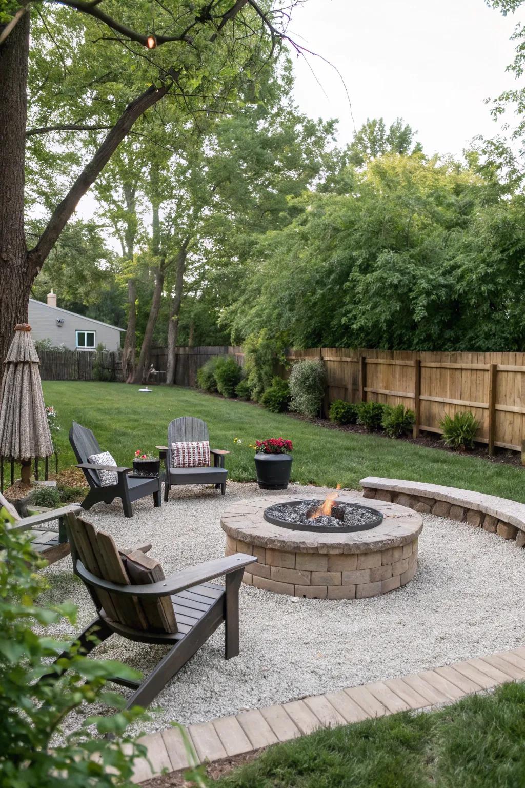 A tidy fire pit area with a practical gravel base.