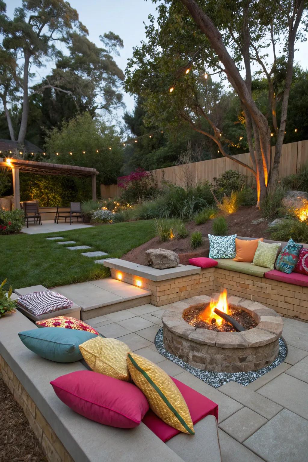 A casual fire pit area with cozy low seating.