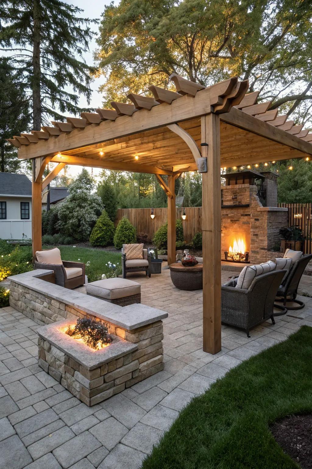 A cozy fire pit area beneath a charming pergola.